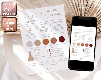 Bridesmaid Info Card Template, Bridal Party Info Card Bridesmaid Information Card Modern Minimalist Bridesmaid Infographic Instant Download
