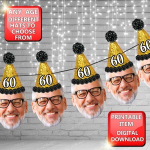 May include: A printable banner with gold and black party hats featuring the number 60. The banner is decorated with black pom-poms and has a red banner at the bottom that says "Printable Item Digital Download".