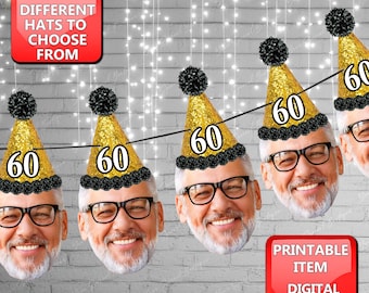 May include: A printable banner with gold and black party hats featuring the number 60. The banner is decorated with black pom-poms and has a red banner at the bottom that says "Printable Item Digital Download".