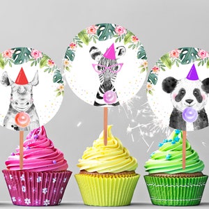 Party Animals girl Cupcake Toppers Favor Tags Birthday Party Decoration Safari Girl Animals Zoo Birthday Wild One Digital PRINTABLE 040