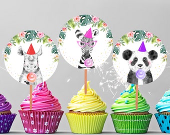 Adornos para cupcakes de animales de fiesta para niñas, etiquetas de recuerdo, decoración para fiesta de cumpleaños, safari, animales, zoológico, cumpleaños, salvaje, digital, imprimible, 040