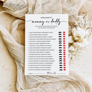 Mama of papa-spel, mama of papa raad wie-spel, direct downloaden, 5 x 7'' raden wie het zei, babyshowerspel minimalistisch
