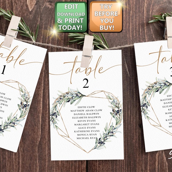Wedding Seating Chart Cards Green Olive, Seating Chart Cards Mediterranean, Olive Italian Mediterranean seating chart poster numbers W013