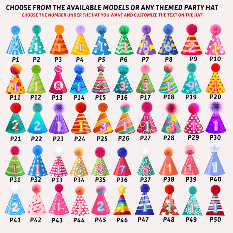 May include: Fifty colourful party hats with numbers 1 through 9 and a star printed on them. The hats are arranged in rows of ten. Each hat has a pom-pom on top.