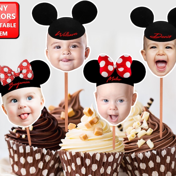 Photo Cupcake Toppers Mickey Mouse Hat Inspired - Printable File Photo Cupcake Toppers FACE Digital File ANY AGE  Birthday Decor decorations