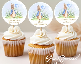 May include: Three round cupcake toppers featuring a watercolor illustration of a bunny rabbit holding a blue balloon. The toppers say "Thank you for coming", "Beni Baby Shower", and "A sweet little bunny is on the way".