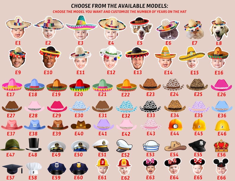 May include: A chart displaying 66 different hat designs that can be personalised with a number of years. The hats are in a variety of colours and styles, including sombreros, cowboy hats, baseball caps, and graduation caps. The chart is labelled with the letters E1 through E66.