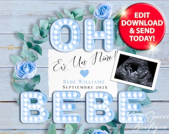 Anuncio de Embarazo Es Un Niño Editable Pregnancy Announcement for Social Media, Pregnancy announcement Spanish Digital, Having a Baby 012