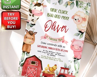 Bearbeitbare Bauernhof Geburtstagseinladung, Tiere auf dem Bauernhof Party einladen Vorlage, Ranch Kinder Geburtstag, Red Boy Barnyard Tiere, Sofort Download 052