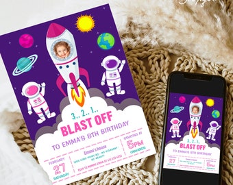 EDITABLE Space girl Birthday Party Invitation, Astronaut Outer Space, Galaxy Party Invitation Template, Space Birthday, Instant Download 093