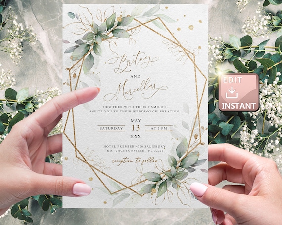 Wedding invitation Digital Greenery,  Geometric Wedding E Invite By Mail, Invitation Electronic Card, Smartphone, Digital Template,  W002