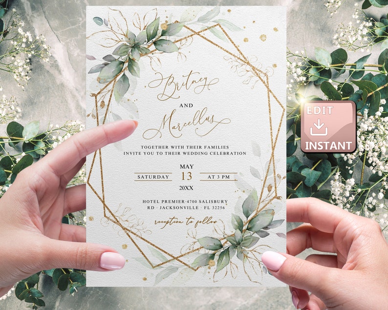 May include: A wedding invitation with a gold geometric frame and green watercolor leaves. The invitation reads "Brittany and Marcellus" with the date "May 13, 20XX" and the time "at 3 PM". The invitation also includes the location "Hotel Premier - 4700 Salisbury Rd. Jacksonville, FL 32256".