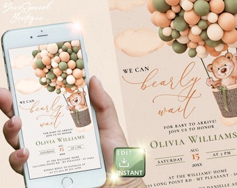 Baby Shower Electronic Invite Bear Balloons Apricot Cream Peach Dusty Green brown, Baby Shower DIGITAL INVITE, baby shower e-vite BS029