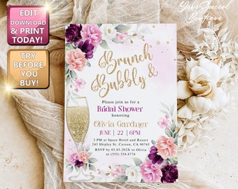 Puede incluir: Una invitación de despedida de soltera floral rosa y morada con texto de purpurina dorada que dice "Brunch & Bubbly". La invitación incluye detalles para una despedida de soltera en honor a Olivia Gardner, incluyendo la fecha, la hora y el lugar.