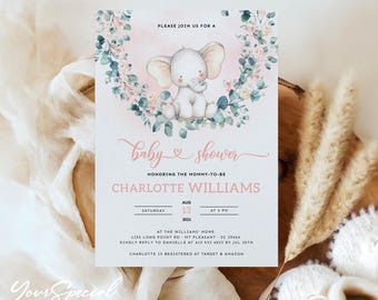 Girl Elephant Baby Shower Invitation Template. Hot Pink Blush Floral ...