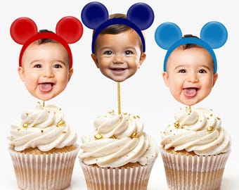 Micky Maus Ohren personalisiertes Gesicht Cupcake Toppers, Micky Maus Partyhut, Cupcake Dekoration Gesicht personalisierte Foto Cupcake Topper Gesicht