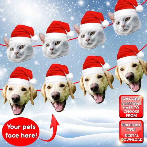 CUSTOM Haustier Santa personalisierte Foto Weihnachten Nikolaus Hut Banner - Hund Katze Gesicht Weihnachtsdekoration - Party Geburtstag Banner - Lustiges Haustier Geschenk