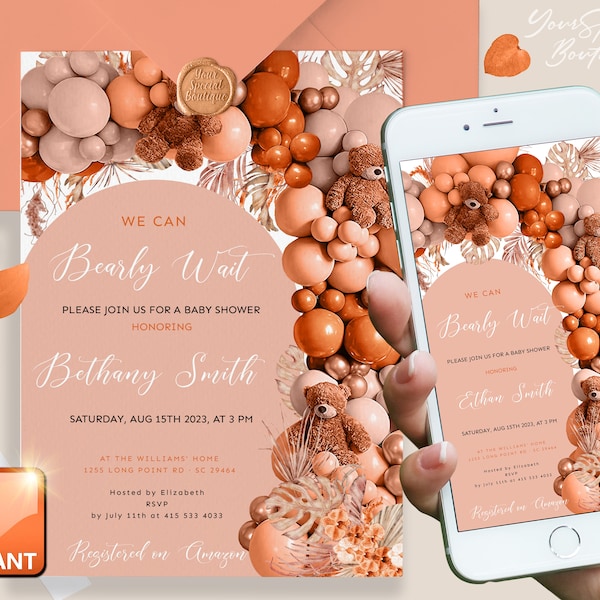 EDITABLE Baby Shower Teddy Bear Balloons orange Balloon Arch Invitations, Tan Pampas Grass, We Can Bearly Wait Invite Printable + Digital