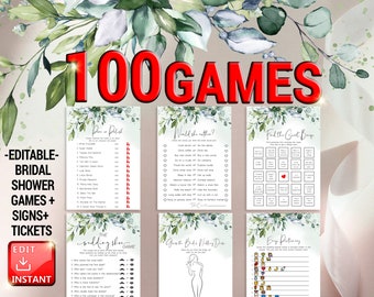 100 Bridal Shower Games, Editable Bachelorette Party, Modern Greenery Bridal Shower Games, Fun Wedding Shower Games Bundle Instant Download