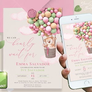 May include: A baby shower invitation with a watercolor design. The invitation features a teddy bear in a hot air balloon made of pastel-colored balloons. The text reads "We can bearly wait for Emma Salvador celebrating mom-to-be Ivy Salvador."