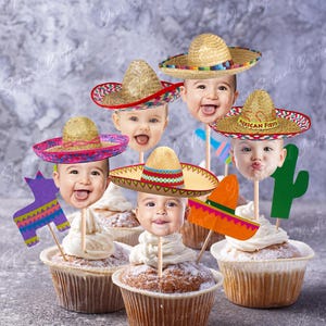 Fiesta Sombrero Face Cupcake Toppers, Personalized Mexican Hat Birthday Decor, Custom Photo Head Cutout, Taco Bout a One, Digital PDF File