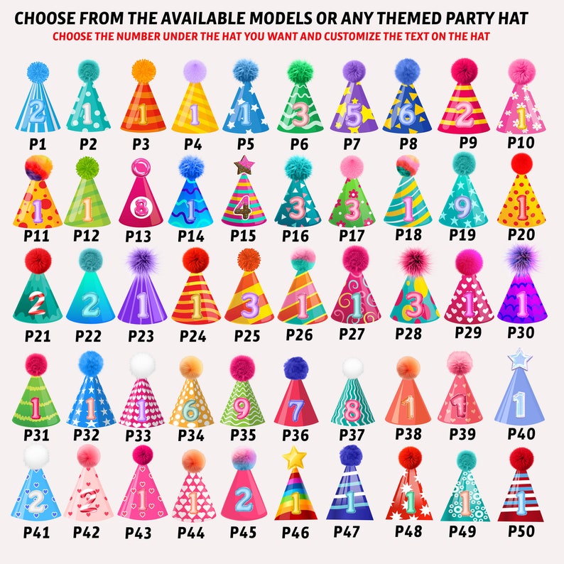 May include: Fifty colorful party hats with numbers 1 through 9 and a star printed on them. The hats are arranged in rows of ten. Each hat has a pom-pom on top.