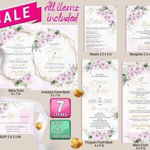 Wedding Invitation Set, Printable Wedding Invites Bundle, Editable, Instant Download, Wedding Suite Floral Purple Lavender W005