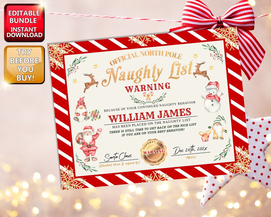 EDITABLE Naughty List Warning Certificate Printable Naughty Warning ...