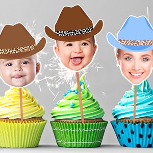Cowboy Cupcake Toppers with Custom Face Photo (12 count) - Cowboy Hat, Birthday Decorations, Retirement Party, Bridal Shower, Digital File