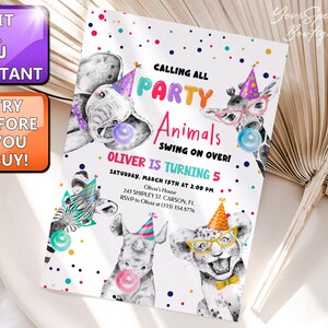 Bewerkbare feestbeesten verjaardagsuitnodiging Wilde dieren uitnodiging dierentuin safari dieren jongen Instant Download afdrukbare Corjl-sjabloon