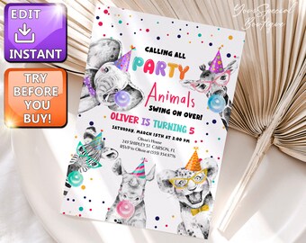 Editable Party Animals Birthday Invitation Wild One Animals Invitation Zoo Safari Animals Boy Instant Download Printable Corjl Template