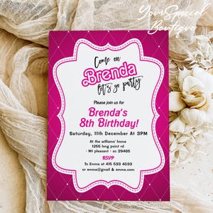 Doll Invitation template, Princess Themed Decor, Girl Party Invite, Girl&#39;s Editable Invite, Pink Sparkle Birthday Invitation Printable 075