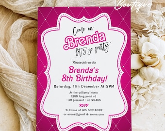 Doll Invitation template, Princess Themed Decor, Girl Party Invite, Girl's Editable Invite, Pink Sparkle Birthday Invitation Printable 075
