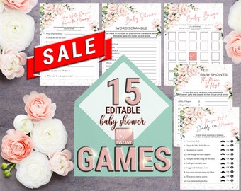 May include: A set of 15 printable baby shower games featuring a pink and green floral design. The games include "How Well Do You Know the Mommy?", "Word Scramble", "Baby Bingo", "The Price is Right", and "Who Said It? Daddy or Mommy".