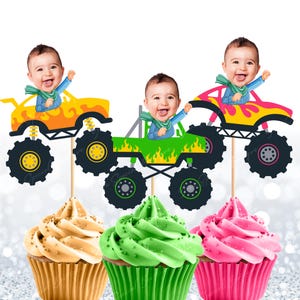 Monster Truck Racer Photo Face Cupcake Toppers, Monster Truck Customer Face Cupcake toppers - Digital File