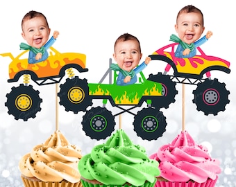 Monster Truck Racer Photo visage Cupcake Toppers, Monster Truck client visage Cupcake toppers - fichier numérique