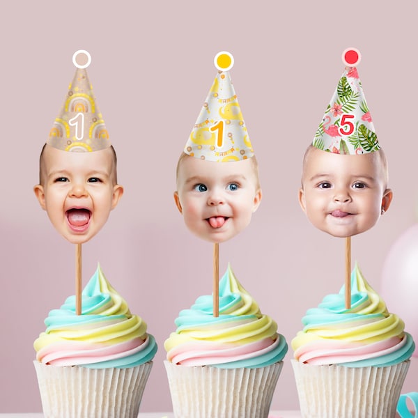 Sun Cupcake Toppers con foto de cara personalizada (12 unidades) - sun rainbow flamingo Toppers Kids Party, toppers de cupcake de cara de cumpleaños, archivo digital