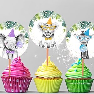 Party Animals Cupcake Toppers Favor Tags Birthday Party Decoration Safari Animals Zoo Birthday Wild One Elephant Giraffe Lion Zebra 034