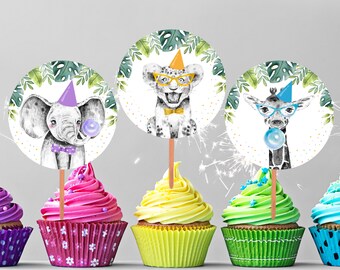 Party Animals Cupcake Toppers Favor Tags Birthday Party Decoration Safari Animals Zoo Birthday Wild One Elephant Giraffe Lion Zebra 034