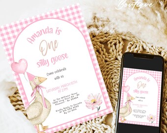 Invitación de cumpleaños de One Silly Goose para niña, primer cumpleaños, invitación editable de One Silly Goose, invitación de One Silly Goose, invitación editable de One Silly Goose
