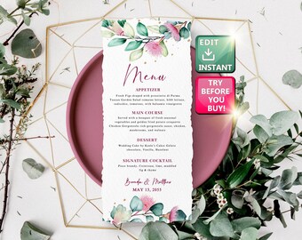 Wedding Menu Eucalyptus Pink, Wedding Menu Design, Menu Wedding Buffet, Wedding Menu Download, Wedding Menu Card Template W017