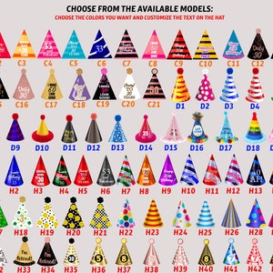 May include: A collection of colorful party hats with various designs and numbers, including "30", "40", "50", "60", "Happy Birthday", "Dirty 30", "I Make 60 Look Good", "Retired", and "AF!" The hats are arranged in rows and labeled with letters and numbers.