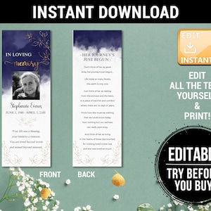 Editable Funeral bookmark template, Bookmark funeral, Digital bookmark,Personalized Prayer Card Bookmark,Memorial Keepsake,Funeral Favors F6