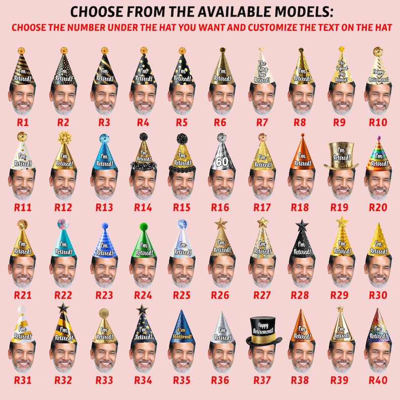 May include: A set of 40 printable party hat designs featuring a variety of colours, patterns, and text. The hats are designed for retirement parties and feature text such as "I'm Retired!" and "Happy Retirement".