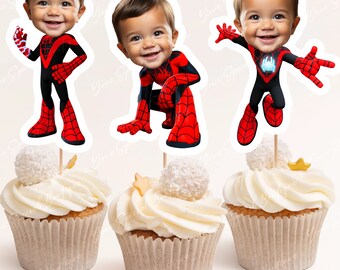 Adornos para cupcakes con cara de Miles, inspirados en superhéroes, adornos personalizados con cara giratoria, adornos para cupcakes de Spidey y sus amigos, archivo digital personalizado
