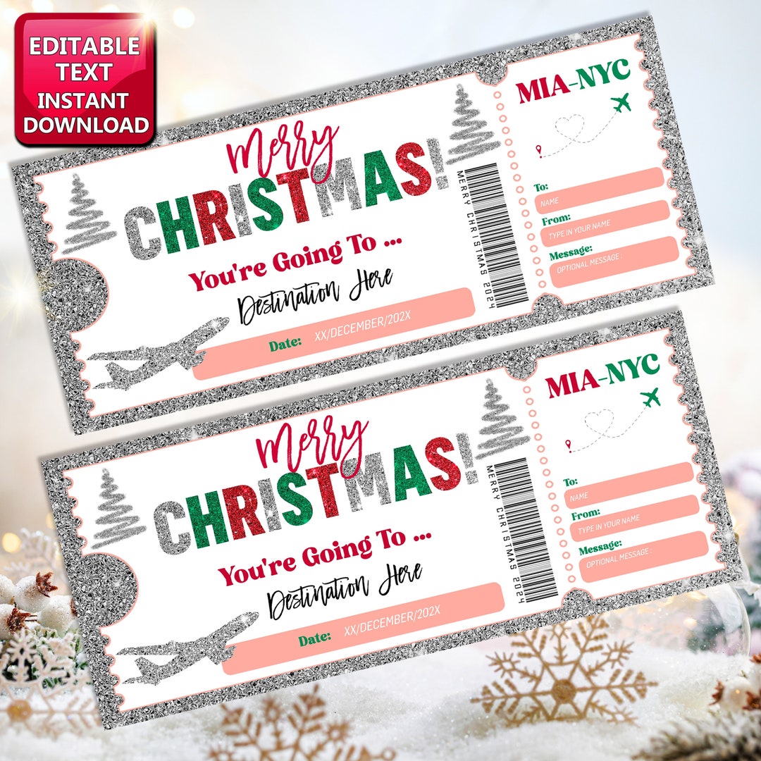 Flight Ticket XMAS Boarding Pass Template, Surprise Trip Fake Plane