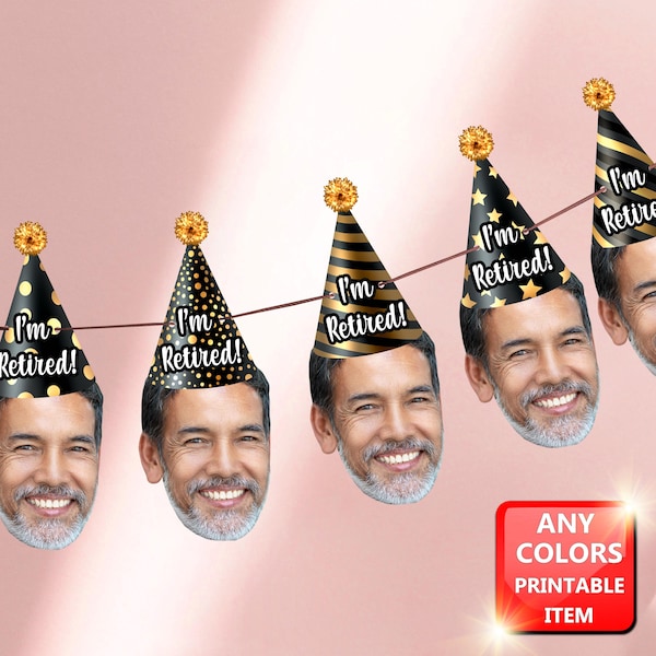 Banner de foto de jubilación con cara personalizada - Feliz jubilación Estoy jubilado Decoración de fiesta de oficina personalizada Banner de cara, Fondo de fiesta, Archivo digital