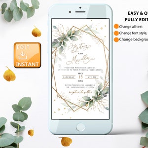 May include: Editable wedding invitation template on a smartphone screen. The invitation features a gold geometric frame with green foliage and gold glitter accents. The text reads "Brittany and Marcellus" with the wedding date and time. The text "Easy & Quick Fully Editable" is displayed above the invitation.