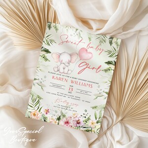 Editable Elephant Baby Shower Invitation, pink Balloon Baby Shower Invite, Baby girl Elephant Invitation Safari Printable Template