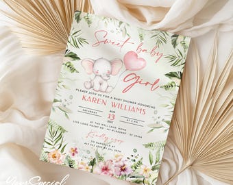 Editable Elephant Baby Shower Invitation, pink Balloon Baby Shower Invite, Baby girl Elephant Invitation Safari Printable Template